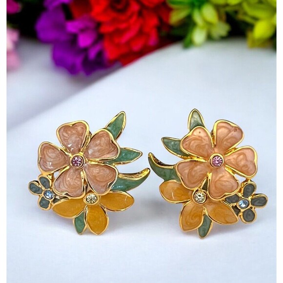 New Signed Joan Rivers Flower Enamel Crystals Gold Tone Clip On 4O - Picture 1 of 4